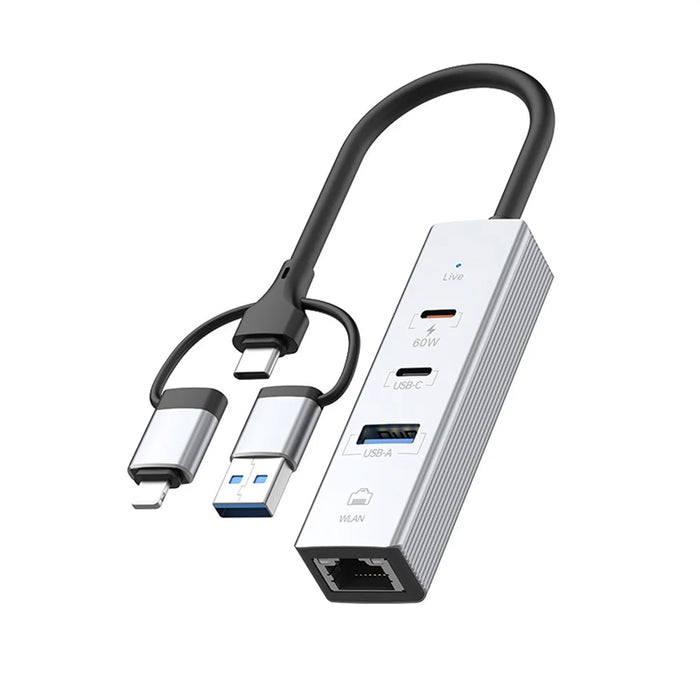 PD 60W 4 in 1 Hub Adapter iP / USB / Type-C Converter with Gigabit Ethernet / Digital Audio / Data Transfer for Laptops / PCs / Tablets / Phones - Silver - 3