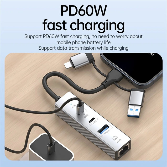 PD 60W 4 in 1 Hub Adapter iP / USB / Type-C Converter with Gigabit Ethernet / Digital Audio / Data Transfer for Laptops / PCs / Tablets / Phones - Silver - 5