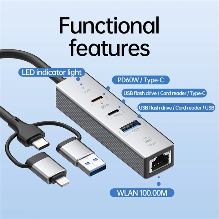 PD 60W 4 in 1 Hub Adapter iP / USB / Type-C Converter with Gigabit Ethernet / Digital Audio / Data Transfer for Laptops / PCs / Tablets / Phones - Silver - 7