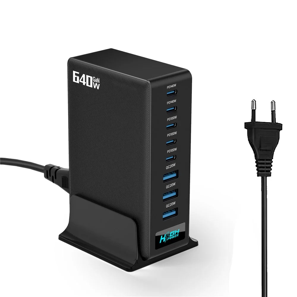 NCC-333 640W Fast Charging GaN Desktop Charger USB-A + Type-C 8 Port Power Station with Digital Display - EU Plug - 2