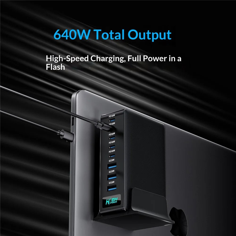 NCC-333 640W Fast Charging GaN Desktop Charger USB-A + Type-C 8 Port Power Station with Digital Display - EU Plug - 3