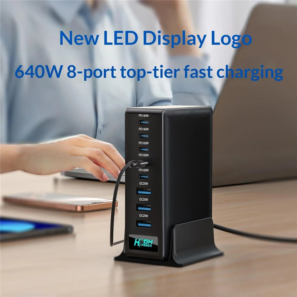 NCC-333 640W Fast Charging GaN Desktop Charger USB-A + Type-C 8 Port Power Station with Digital Display - EU Plug - 4