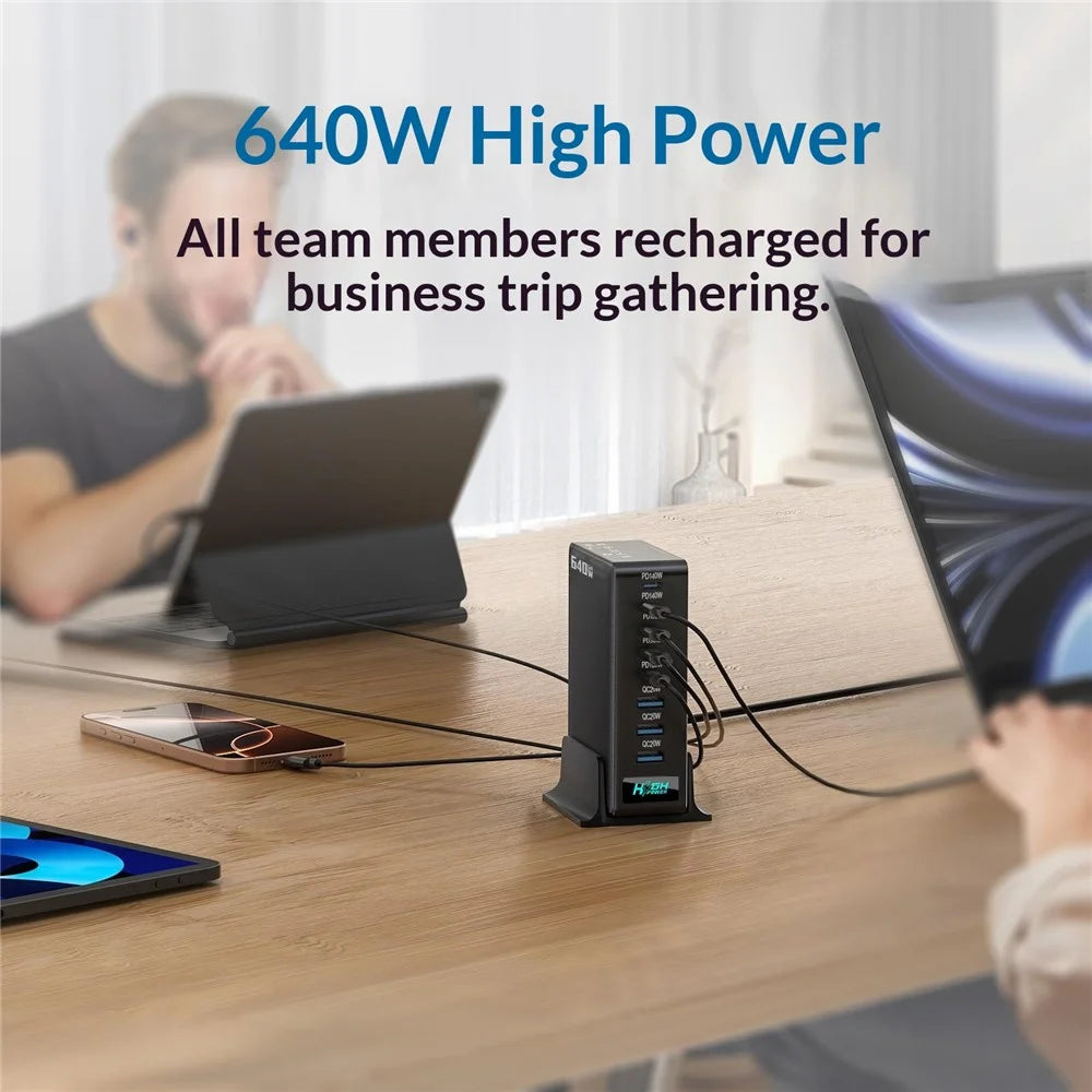 NCC-333 640W Fast Charging GaN Desktop Charger USB-A + Type-C 8 Port Power Station with Digital Display - EU Plug - 6