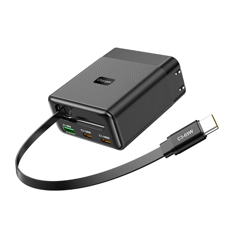 WLX-60B GaN Charger With Retractable Cable 65W PD Fast Charging Station for Tablets  /  Phones Desktop Use - US Plug - 1