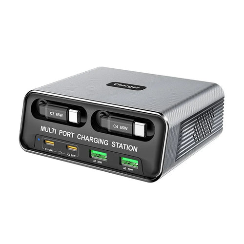 WLX-60C Multi Port GaN Desktop Charging Station with 2 USB-C Retractable Cables PD 65W Fast Charger for Tablets / Phones / Laptops - EU Plug - 1