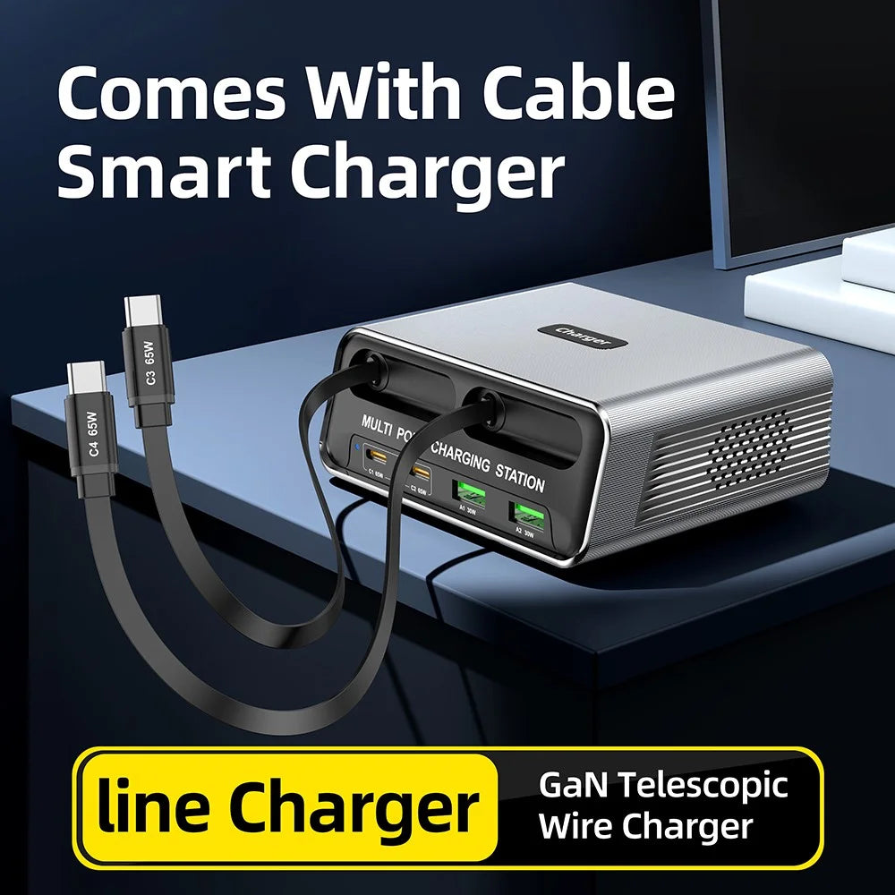 WLX-60C Multi Port GaN Desktop Charging Station with 2 USB-C Retractable Cables PD 65W Fast Charger for Tablets / Phones / Laptops - EU Plug - 2