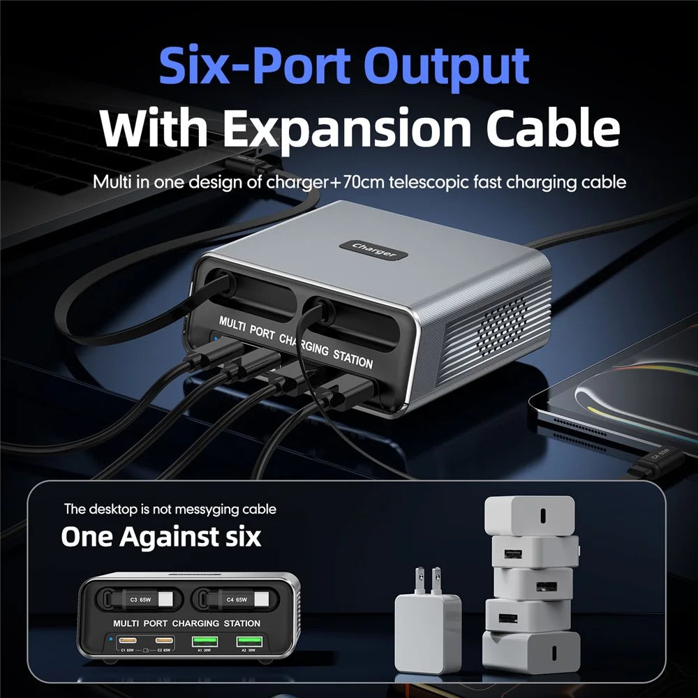 WLX-60C Multi Port GaN Desktop Charging Station with 2 USB-C Retractable Cables PD 65W Fast Charger for Tablets / Phones / Laptops - EU Plug - 3
