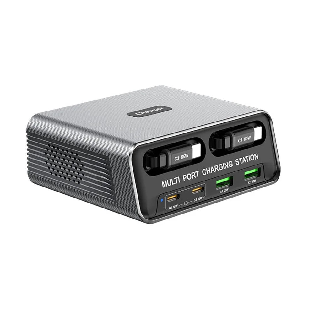 WLX-60C Multi Port GaN Desktop Charging Station with 2 USB-C Retractable Cables PD 65W Fast Charger for Tablets / Phones / Laptops - EU Plug - 7