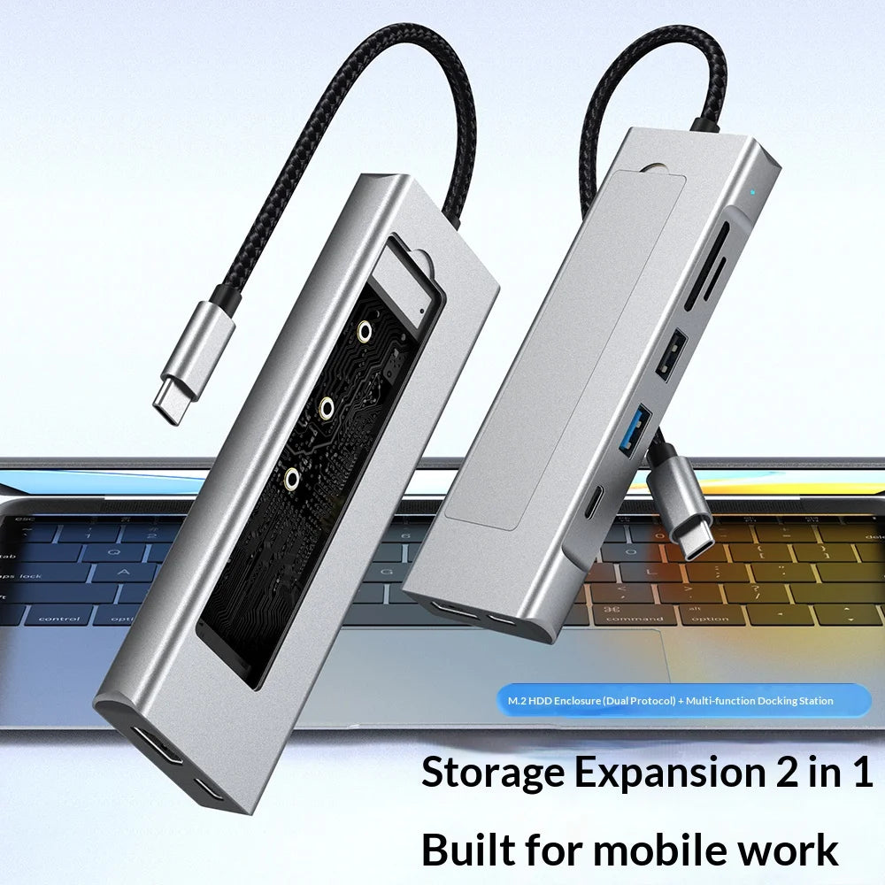 2525 M.2 SSD Enclosure Docking Station Type-C Hub with 4K HD/SD/TF Card Slot Multi-Port Expansion for NVMe/SATA SSDs - 4