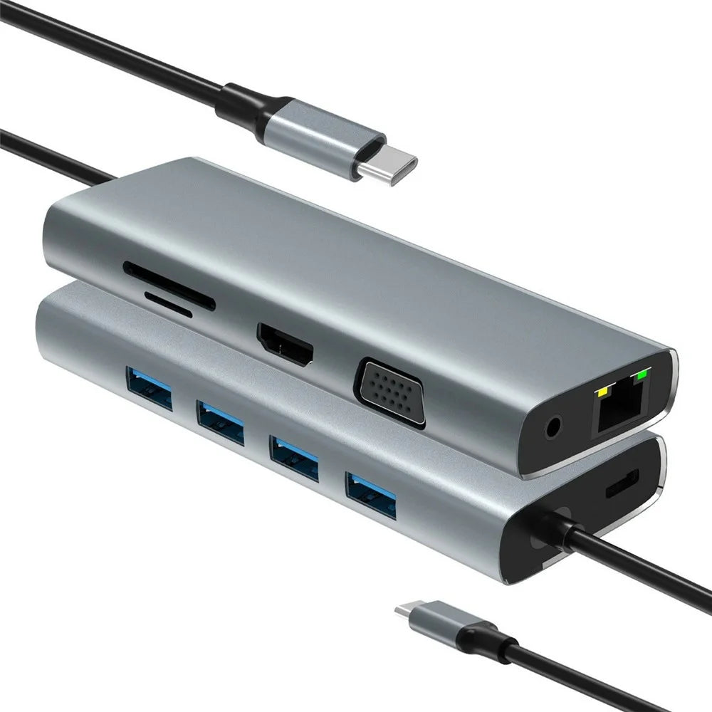 HC-84Q 11 in 1 USB C Docking Station Hub HD VGA RJ45 Ethernet Port Expansion Dock PD 60W Charging for Laptop Tablet MacBook - Grey - 2