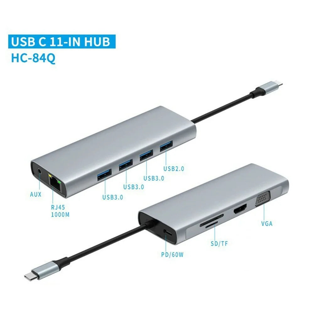 HC-84Q 11 in 1 USB C Docking Station Hub HD VGA RJ45 Ethernet Port Expansion Dock PD 60W Charging for Laptop Tablet MacBook - Grey - 3