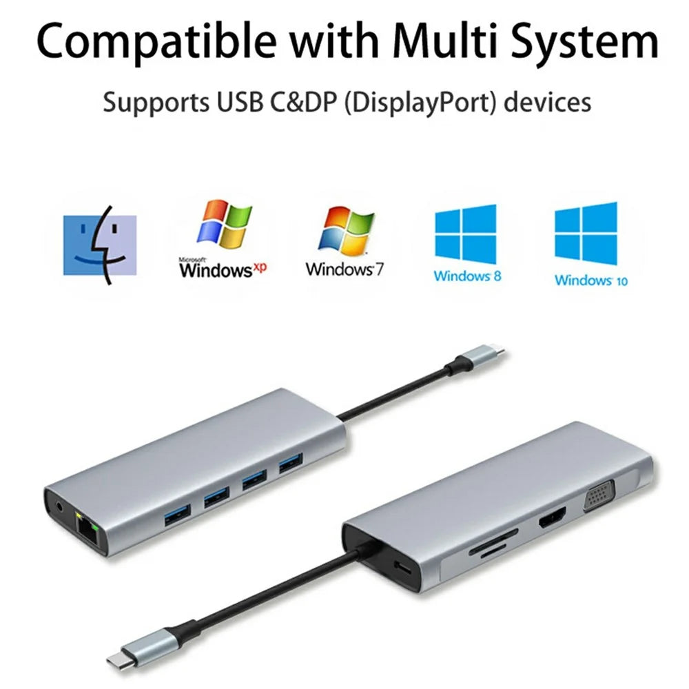 HC-84Q 11 in 1 USB C Docking Station Hub HD VGA RJ45 Ethernet Port Expansion Dock PD 60W Charging for Laptop Tablet MacBook - Grey - 7