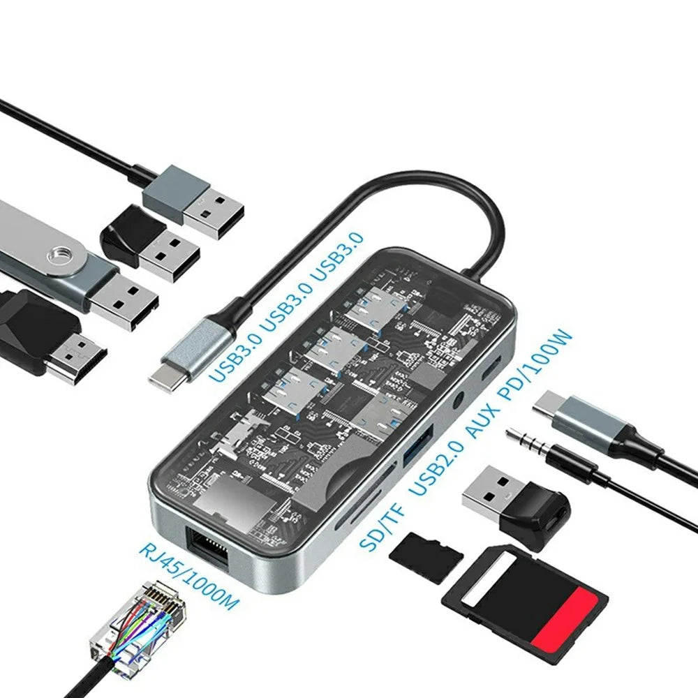 HC-87 10 in 1 USB C Hub Docking Station Gigabit Ethernet 4K HD PD 100W Charging Multi-Port Adapter - Transparent - 2