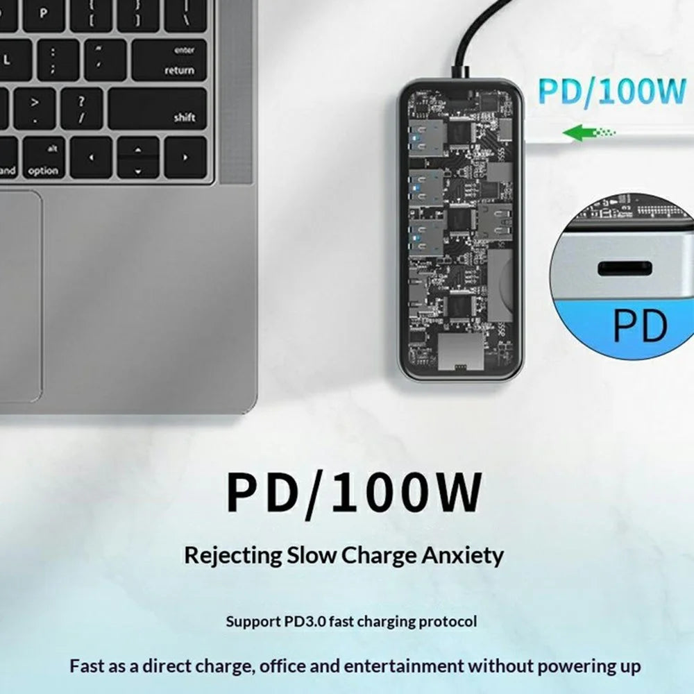 HC-87 10 in 1 USB C Hub Docking Station Gigabit Ethernet 4K HD PD 100W Charging Multi-Port Adapter - Transparent - 3