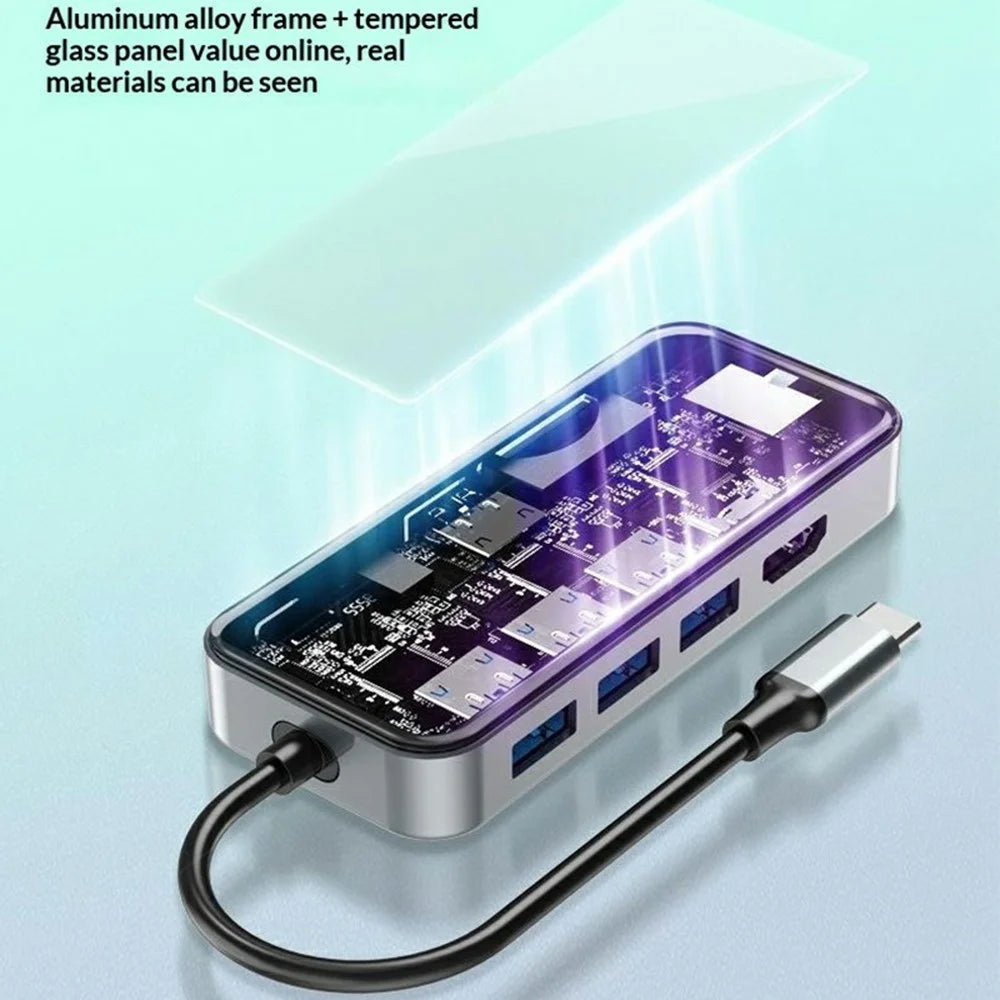 HC-87 10 in 1 USB C Hub Docking Station Gigabit Ethernet 4K HD PD 100W Charging Multi-Port Adapter - Transparent - 5
