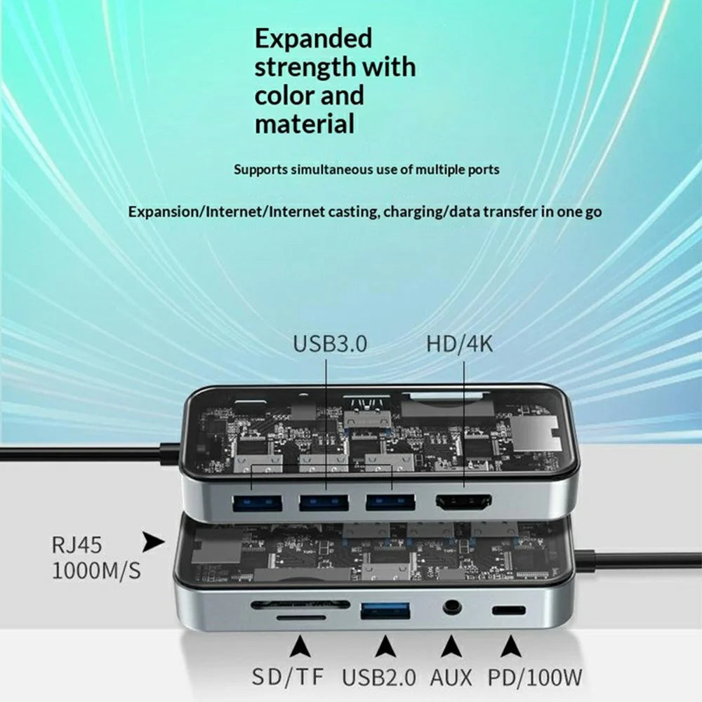 HC-87 10 in 1 USB C Hub Docking Station Gigabit Ethernet 4K HD PD 100W Charging Multi-Port Adapter - Transparent - 6