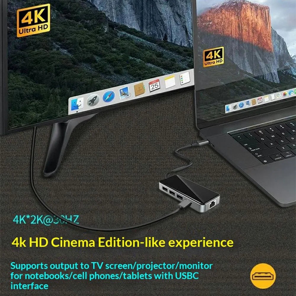 HC-76 10 in 1 USB-C Hub Docking Station with 4K HD RJ45 Ethernet SD TF Card Reader Multi Port Adapter - 4