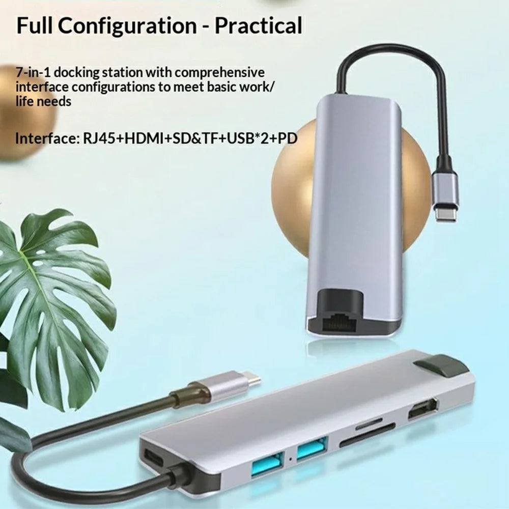 HC-75LC 7 in 1 USB C Docking Station 4K HD PD 100W Charging Gigabit Ethernet Hub with USB 3.0 SD / TF Card Reader - Grey - 5