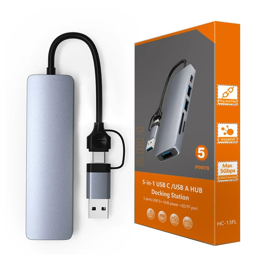 HC-13FL Type-C / USB-A to USB 3.0 / 2.0 SD TF Card Reader Multi-port Docking Station with DC-IN Power Port - Grey - 7