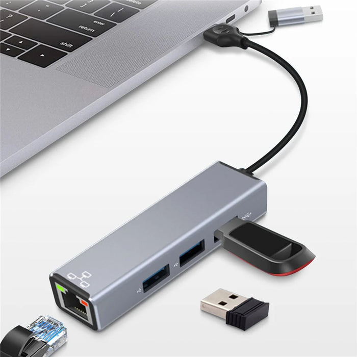 COTECI 16023 4 in 1 USB Hub USB-C / Type-A to USB3.0 USB2.0 RJ45 Ethernet Docking Station for Laptop Tablet - Grey - 2