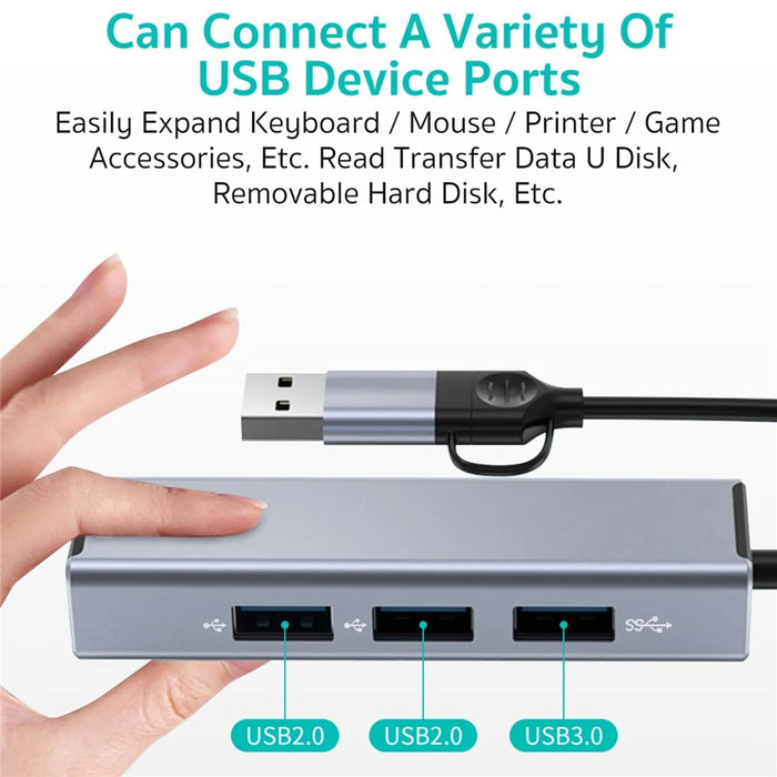 COTECI 16023 4 in 1 USB Hub USB-C / Type-A to USB3.0 USB2.0 RJ45 Ethernet Docking Station for Laptop Tablet - Grey - 3