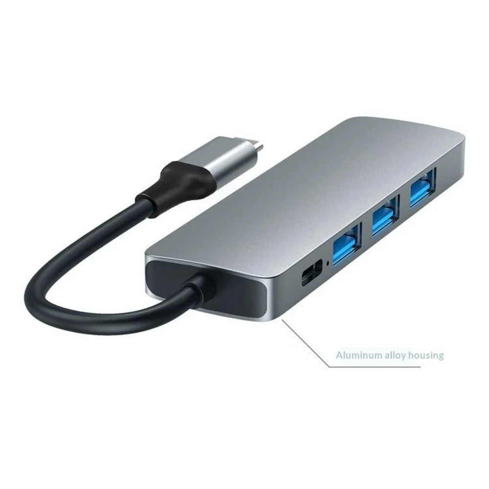 HC-13E Aluminum Alloy USB-C Hub USB 3.0 / 2.0 4-Port Docking Station with Type-C Power Port - Grey - 5