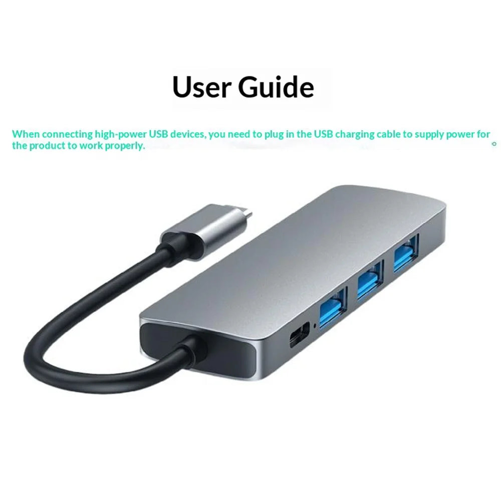 HC-13E Aluminum Alloy USB-C Hub USB 3.0 / 2.0 4-Port Docking Station with Type-C Power Port - Grey - 6