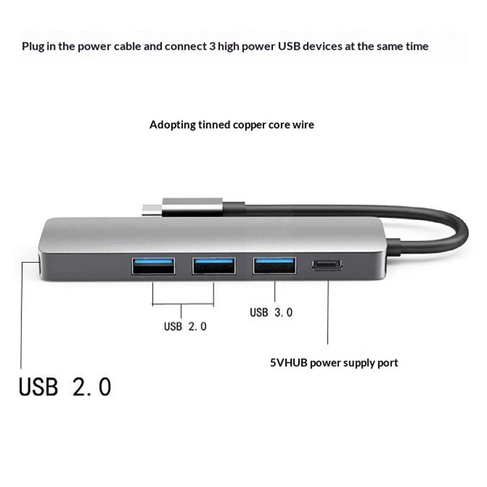 HC-13E Aluminum Alloy USB-C Hub USB 3.0 / 2.0 4-Port Docking Station with Type-C Power Port - Grey - 7