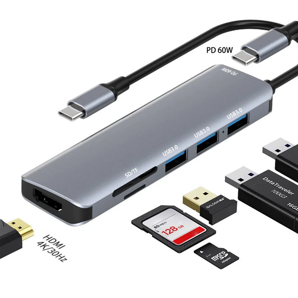 HC-75C 7 in 1 USB C Hub 3x USB3.0 4K HD SD / TF Card Reader with PD 60W Charging Port - Grey - 2