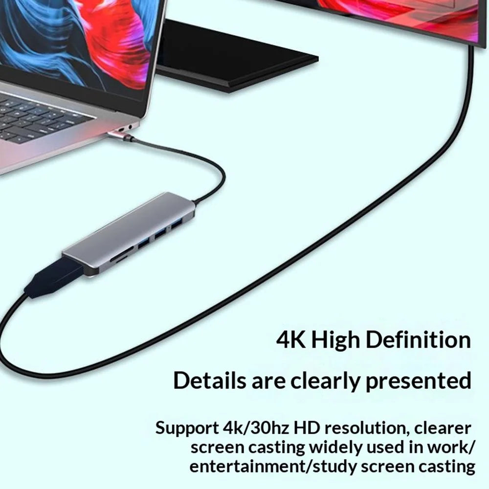 HC-75C 7 in 1 USB C Hub 3x USB3.0 4K HD SD / TF Card Reader with PD 60W Charging Port - Grey - 3