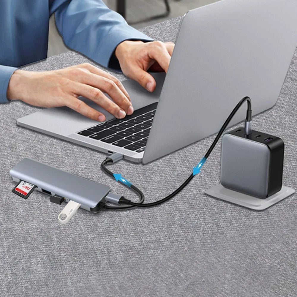 HC-75C 7 in 1 USB C Hub 3x USB3.0 4K HD SD / TF Card Reader with PD 60W Charging Port - Grey - 7