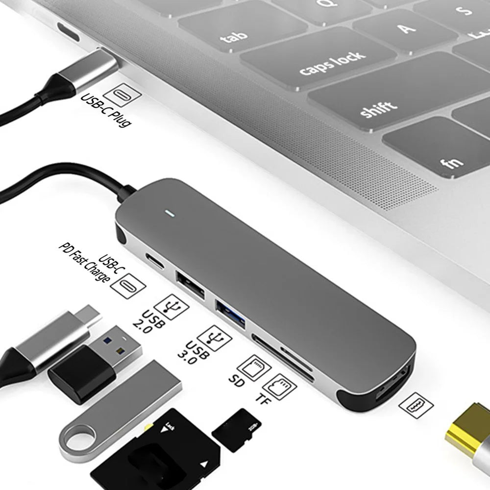 COTECI 6 in 1 USB-C Hub Type-C to 4K HD USB3.0 USB2.0 SD TF PD Docking Station for MacBook Laptop - Grey - 2