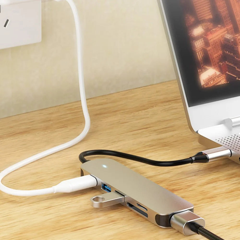 COTECI 6 in 1 USB-C Hub Type-C to 4K HD USB3.0 USB2.0 SD TF PD Docking Station for MacBook Laptop - Grey - 3