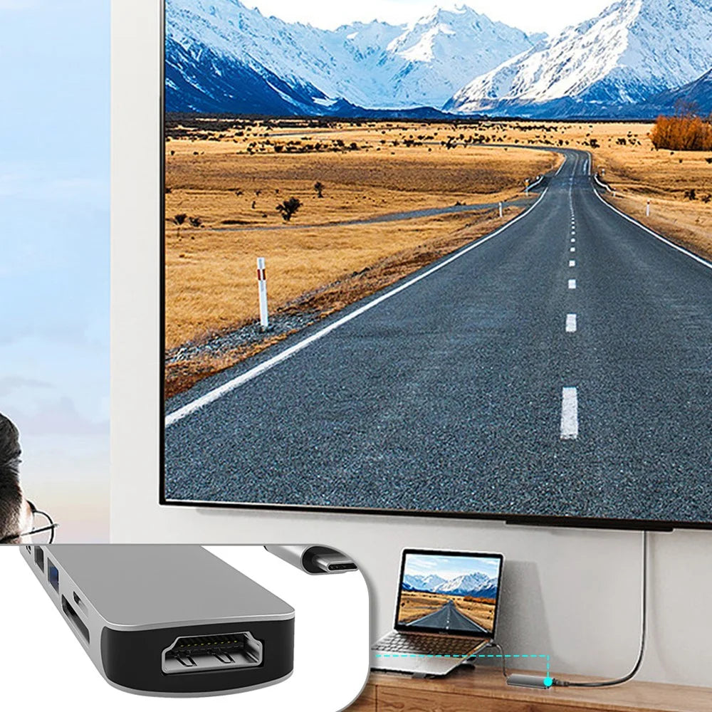 COTECI 6 in 1 USB-C Hub Type-C to 4K HD USB3.0 USB2.0 SD TF PD Docking Station for MacBook Laptop - Grey - 4