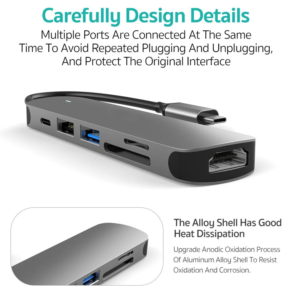 COTECI 6 in 1 USB-C Hub Type-C to 4K HD USB3.0 USB2.0 SD TF PD Docking Station for MacBook Laptop - Grey - 5