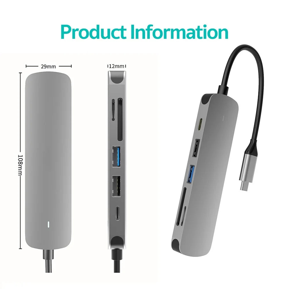 COTECI 6 in 1 USB-C Hub Type-C to 4K HD USB3.0 USB2.0 SD TF PD Docking Station for MacBook Laptop - Grey - 6