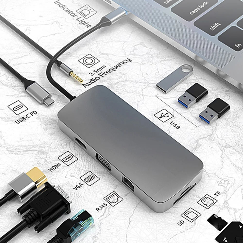COTECI 16012 10 in 1 USB C Hub Type-C to HD 4K VGA USB 3.0 PD 100W SD TF RJ45 Audio Adapter for Laptop - Grey - 2