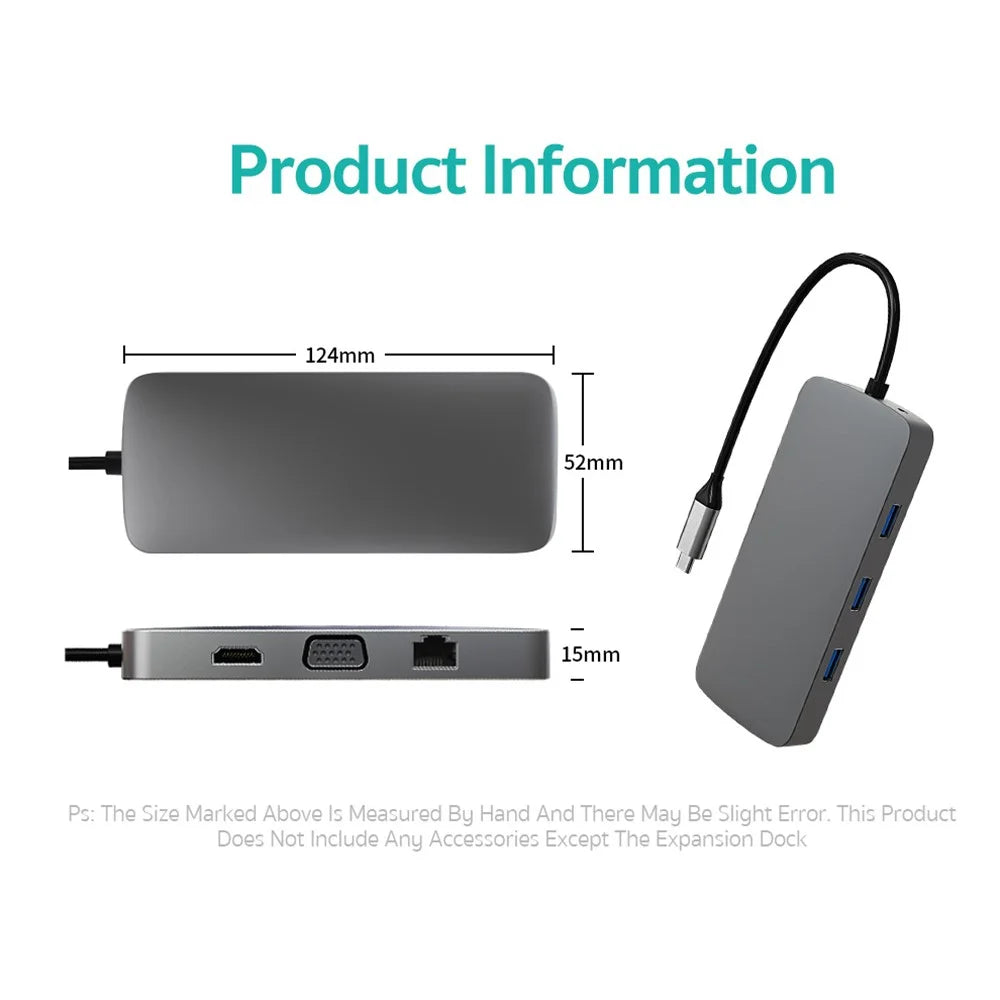 COTECI 16012 10 in 1 USB C Hub Type-C to HD 4K VGA USB 3.0 PD 100W SD TF RJ45 Audio Adapter for Laptop - Grey - 6