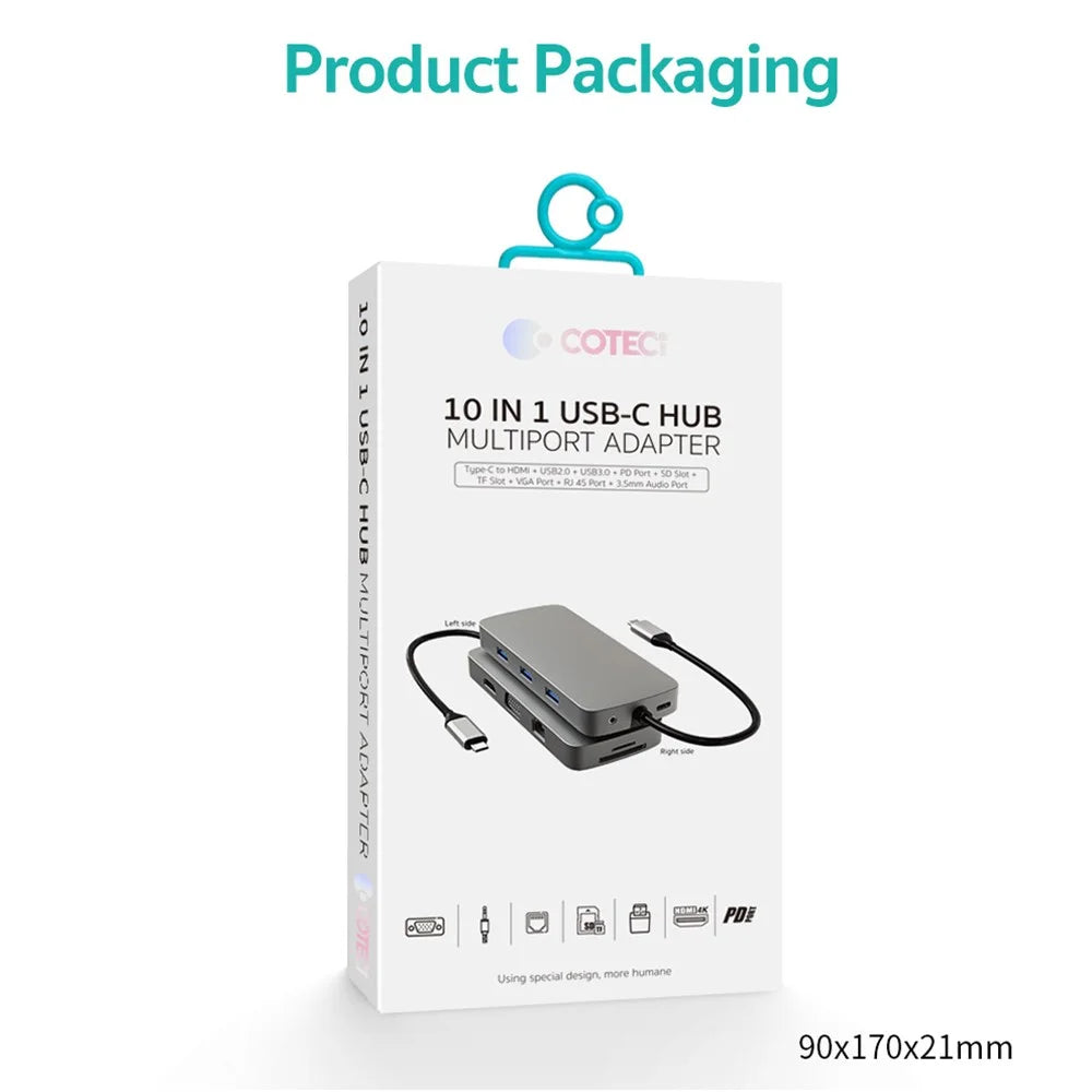 COTECI 16012 10 in 1 USB C Hub Type-C to HD 4K VGA USB 3.0 PD 100W SD TF RJ45 Audio Adapter for Laptop - Grey - 7