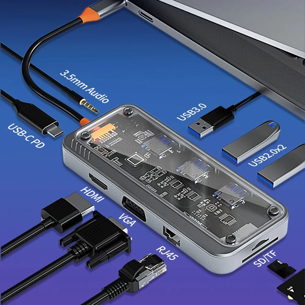 COTECI 16013 Punk 10-in-1 USB Hub Type-C Docking Station 4K HD VGA RJ45 100W PD for Laptop - 4