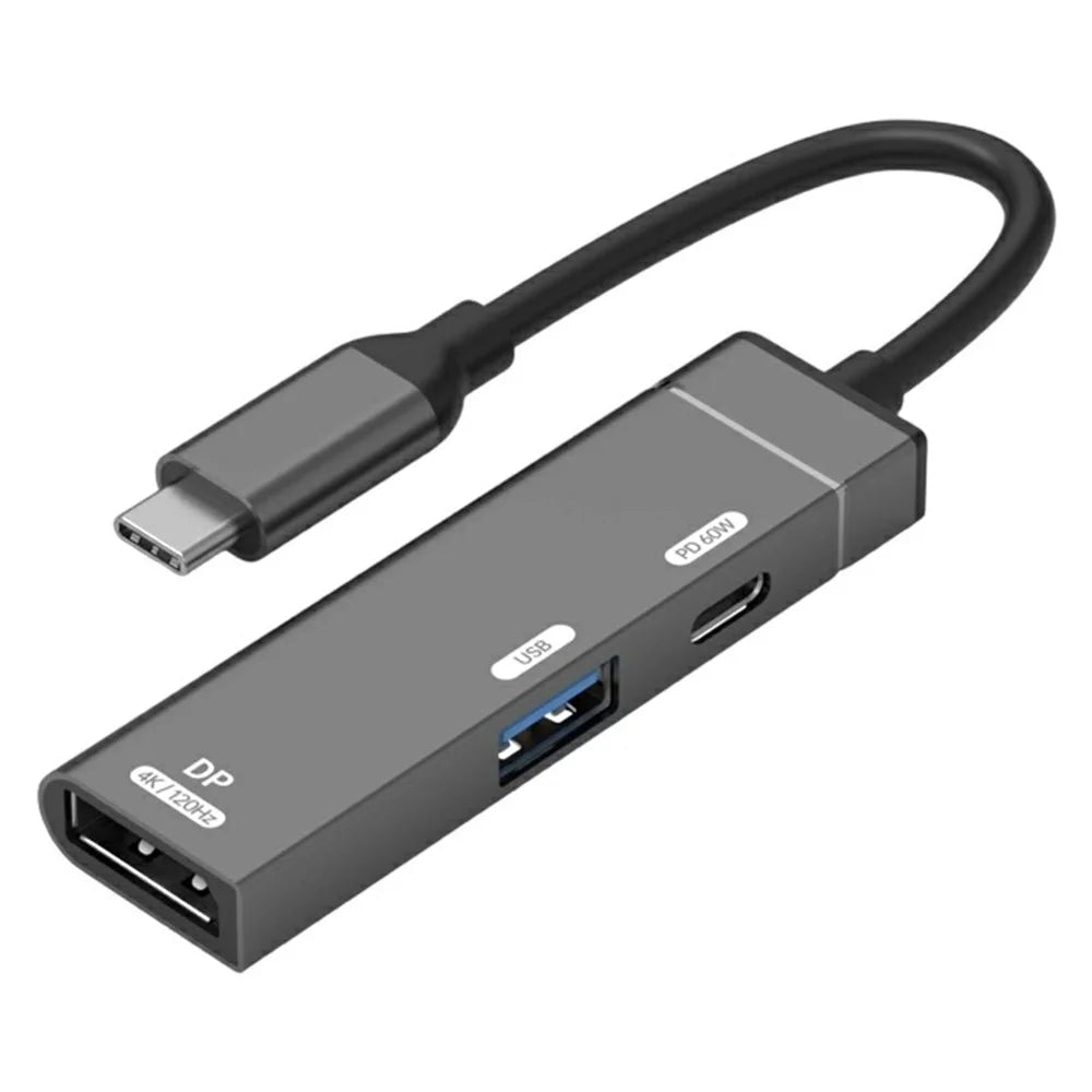 3 in 1 USB-C Hub 4K 120Hz DisplayPort + USB-A 3.0 + USB-C PD 60W Charging Adapter for Phone Tablet - Tarnish - 1