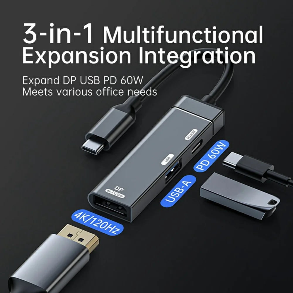 3 in 1 USB-C Hub 4K 120Hz DisplayPort + USB-A 3.0 + USB-C PD 60W Charging Adapter for Phone Tablet - Tarnish - 6