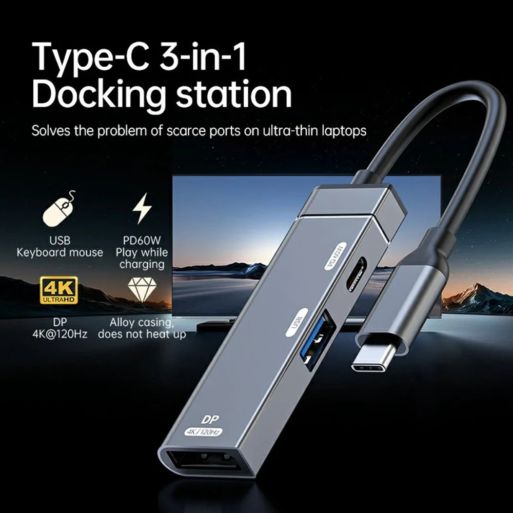 3 in 1 USB-C Hub 4K 120Hz DisplayPort + USB-A 3.0 + USB-C PD 60W Charging Adapter for Phone Tablet - Tarnish - 7