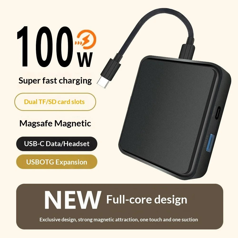TYS-1030 Magnetic 6-in-1 USB Hub Card Reader 100W PD Fast Charging Wireless Charger Docking Station for Phone Tablet - Black - 3