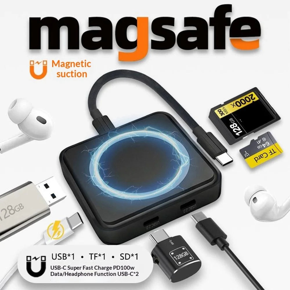 TYS-1030 Magnetic 6-in-1 USB Hub Card Reader 100W PD Fast Charging Wireless Charger Docking Station for Phone Tablet - Black - 5