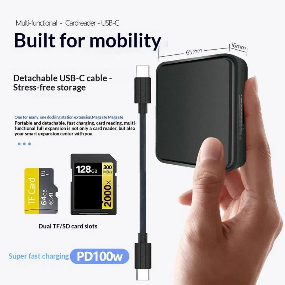 TYS-1030 Magnetic 6-in-1 USB Hub Card Reader 100W PD Fast Charging Wireless Charger Docking Station for Phone Tablet - Black - 7