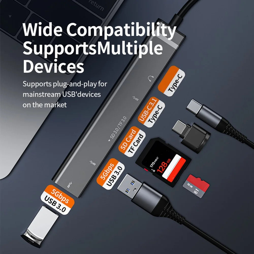 TYS-211C 6-in-1 USB-C Hub Type-C Male to USB 3.0 Female SD  /  TF Card Reader for Laptop Phone Tablet - Black - 7