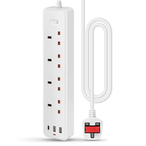 UN-104 UK Plug 4 Outlets 2 USB Ports 1 Type-C Port Power Strip 1700J Surge Protection 2500W Child Safety Power Socket for Home Office - White - 1