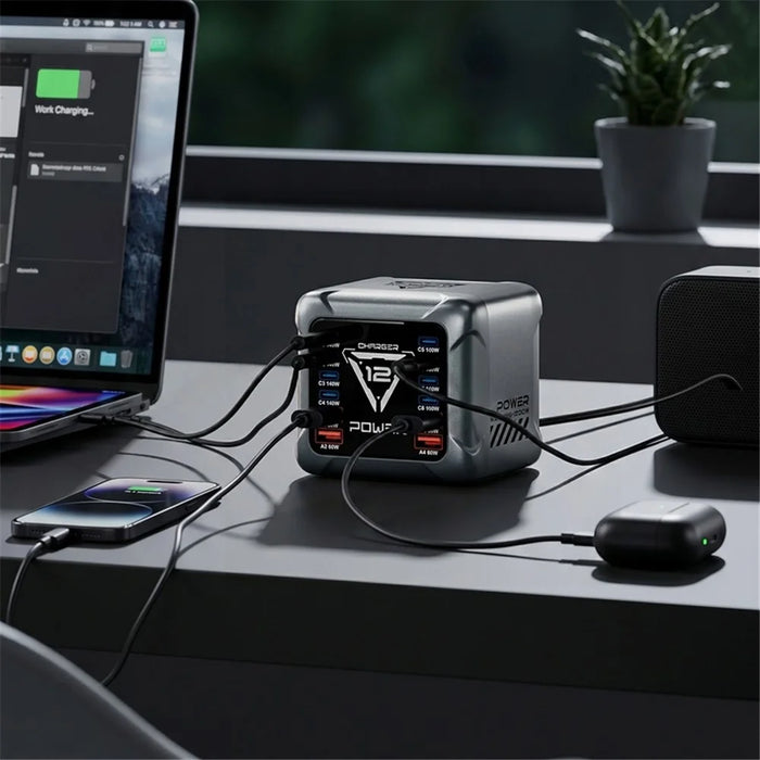 BK-127D 12-Port GaN Desktop Charger with 8 USB-C and 4 USB-A Ports RGB Light 140W Fast Charging Station - EU Plug - 4