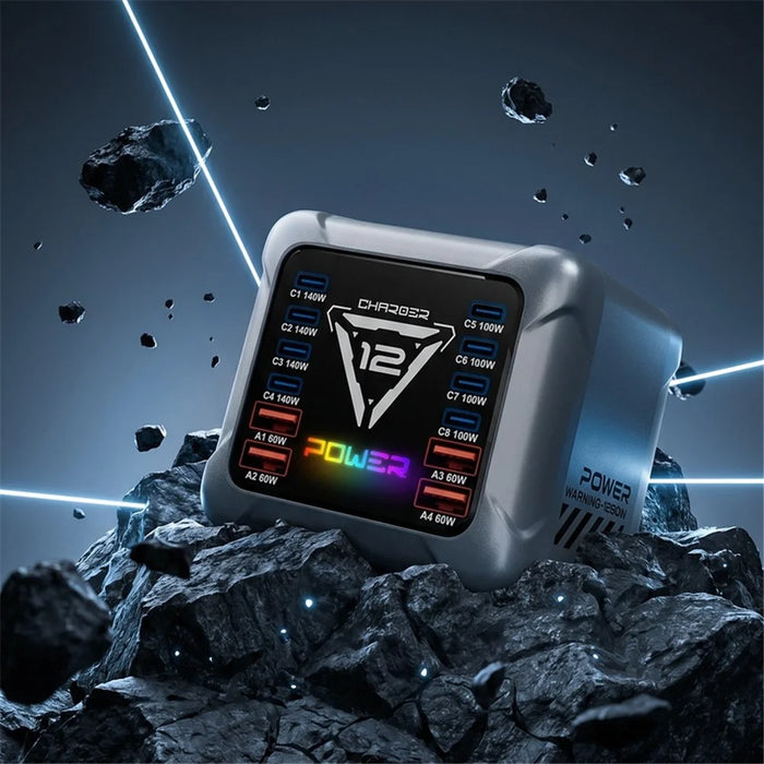 BK-127D 12-Port GaN Desktop Charger with 8 USB-C and 4 USB-A Ports RGB Light 140W Fast Charging Station - EU Plug - 6